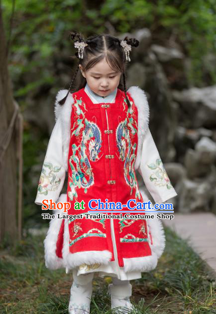 Chinese Traditional Girls Embroidered Red Vest Ancient Ming Dynasty Princess Costume for Kids