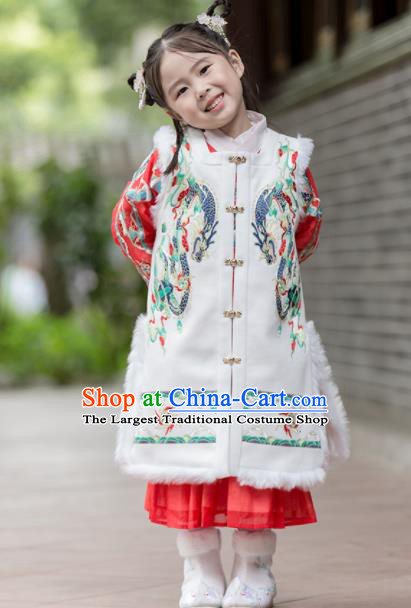 Chinese Traditional Girls Embroidered White Vest Ancient Ming Dynasty Princess Costume for Kids