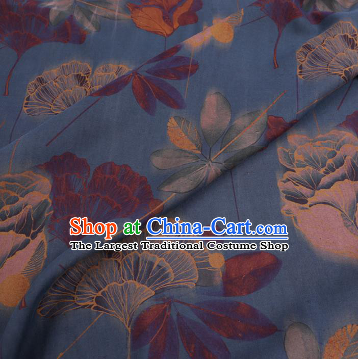 Chinese Classical Ginkgo Tulip Pattern Design Blue Gambiered Guangdong Gauze Fabric Asian Traditional Cheongsam Silk Material