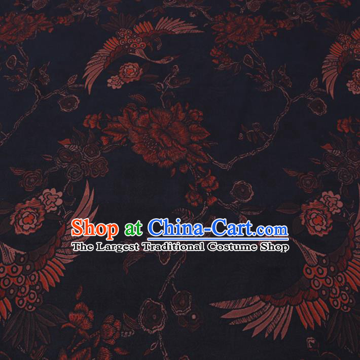 Chinese Classical Printing Crane Peony Pattern Design Black Gambiered Guangdong Gauze Fabric Asian Traditional Cheongsam Silk Material