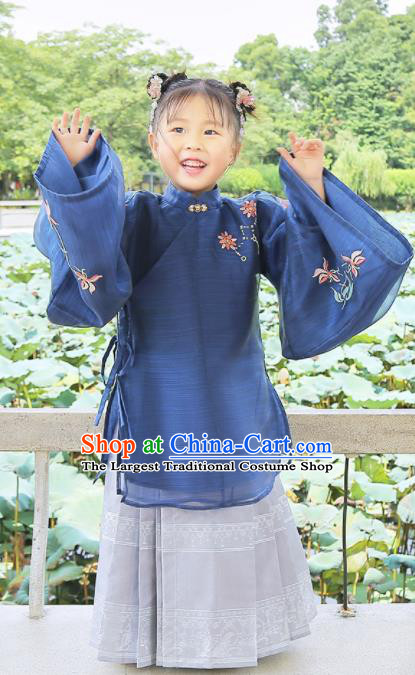 Chinese Traditional Girls Embroidered Navy Blouse and Skirt Ancient Ming Dynasty Princess Costume for Kids