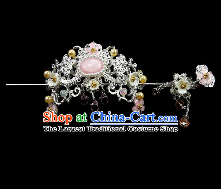 Chinese Ancient Princess Argent Hair Crown and Flower Hairpins Traditional Classical Dance Hair Accessories for Women