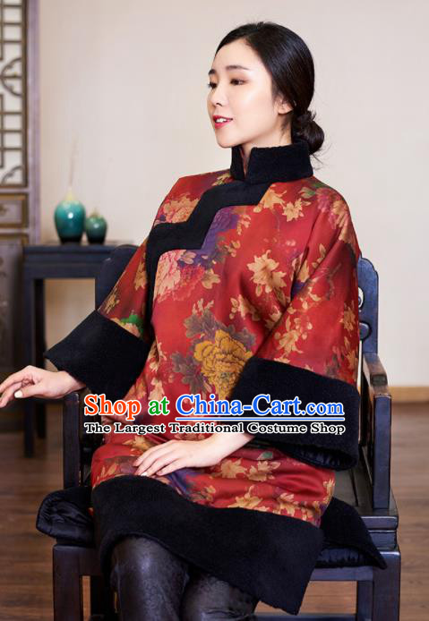 Traditional Chinese Graceful Printing Peony Red Brocade Cheongsam Silk Qipao Dress for Women