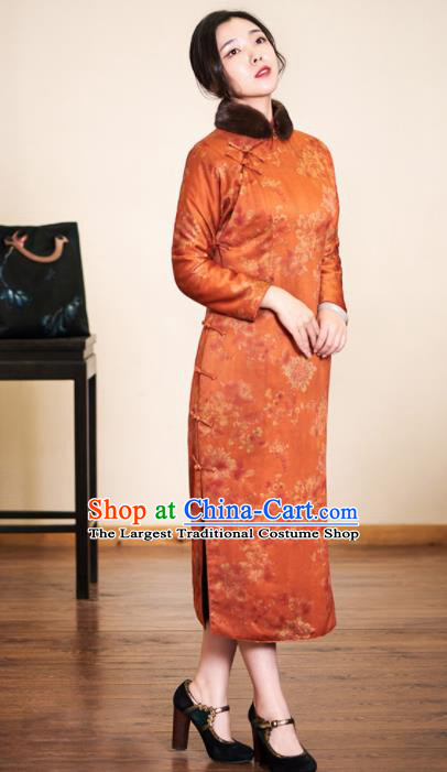 Traditional Chinese Graceful Printing Orange Cheongsam Silk Qipao Dress for Women
