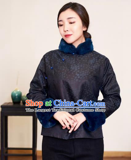 Top Grade Traditional Chinese Printing Black Wadded Jacket Tang Suit Silk Upper Outer Garment for Women