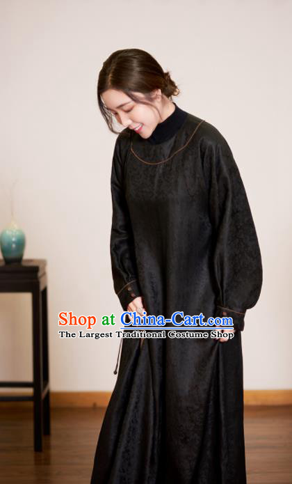 Traditional Chinese Cheongsam Black Silk Qipao Dress for Women