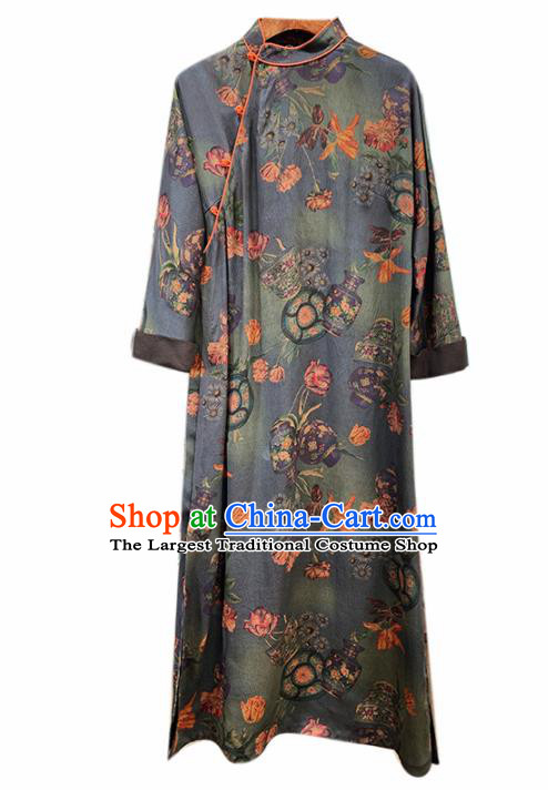 Traditional Chinese National Graceful Deep Grey Cheongsam Tang Suit Silk Qipao Dress for Women