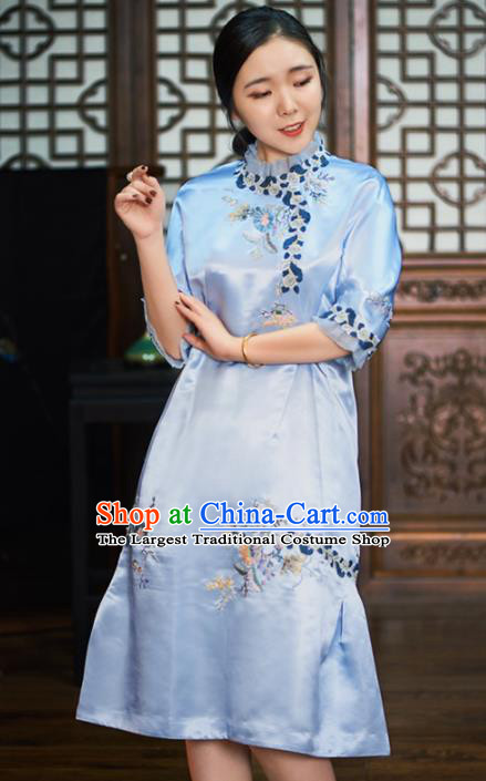 Traditional Chinese National Graceful Embroidered Light Blue Silk Cheongsam Tang Suit Qipao Dress for Women