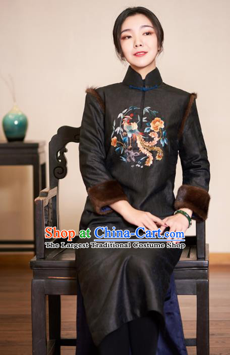 Traditional Chinese Embroidered Cotton Wadded Cheongsam Silk Qipao Dress for Women