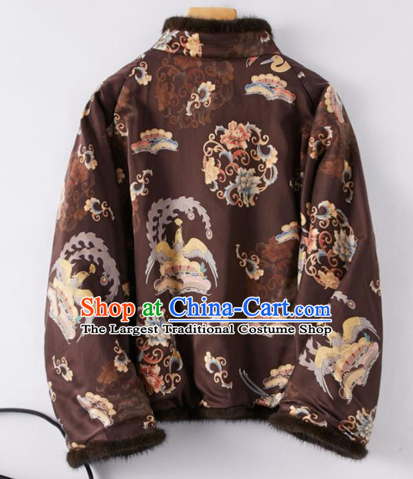 Top Grade Traditional Chinese Brown Cotton Wadded Jacket Tang Suit Silk Upper Outer Garment for Women