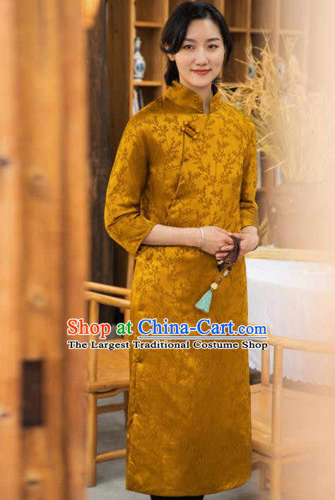 Traditional Chinese National Graceful Silk Cheongsam Tang Suit Golden Qipao Dress for Women