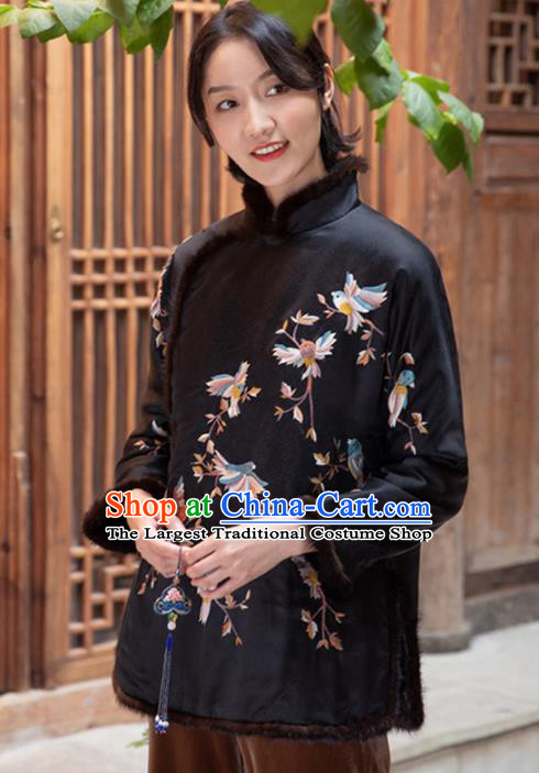 Top Grade Traditional Chinese National Embroidered Black Cotton Wadded Coat Tang Suit Silk Upper Outer Garment for Women