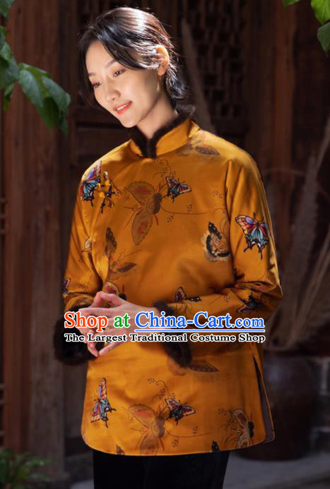 Top Grade Traditional Chinese National Printing Butterfly Golden Cotton Wadded Jacket Tang Suit Silk Upper Outer Garment for Women