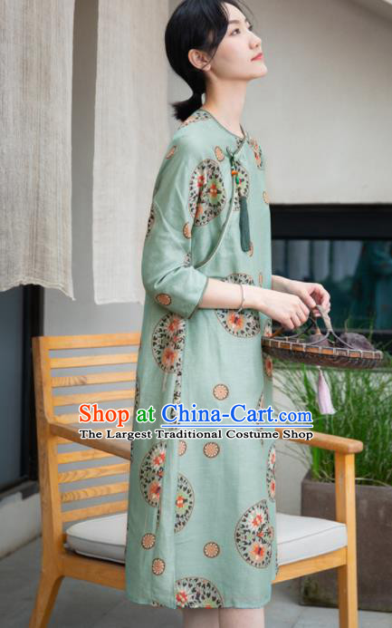 Traditional Chinese National Graceful Printing Light Green Silk Cheongsam Tang Suit Qipao Dress for Women