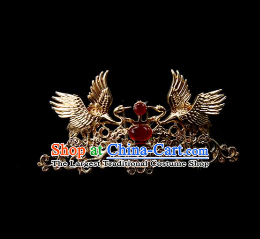 Chinese Ancient Princess Red Glass Hair Clip Golden Cranes Hairpins Traditional Classical Dance Hair Accessories for Women