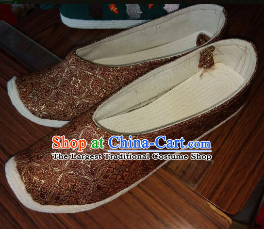Chinese Kung Fu Shoes Brown Brocade Shoes Traditional Hanfu Shoes Opera Shoes for Men