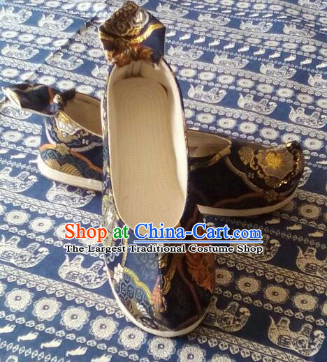 Chinese Traditional Navy Brocade Bow Shoes Opera Shoes Hanfu Shoes Ancient Princess Shoes for Women