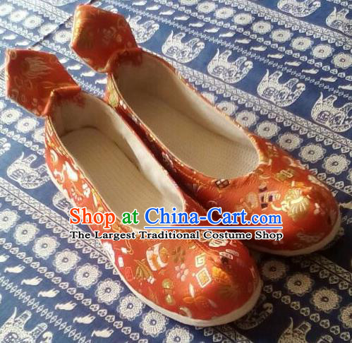 Chinese Traditional Handmade Orange Brocade Bow Shoes Opera Shoes Hanfu Shoes Ancient Princess Shoes for Women