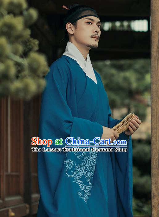 Chinese Ancient Taoist Priest Blue Robe Traditional Ming Dynasty Scholar Costumes for Men