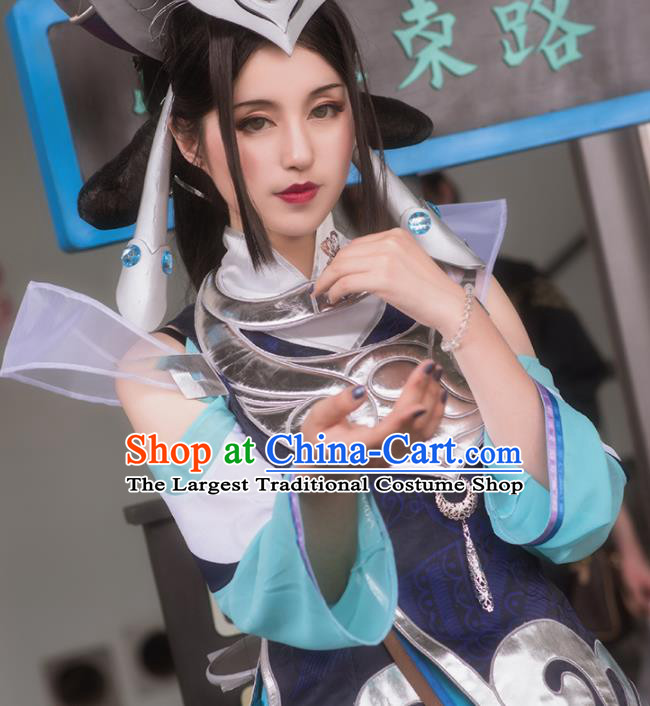 Chinese Cosplay Game Fairy Swordswoman Deep Blue Dress Traditional Ancient Female Knight Costume for Women