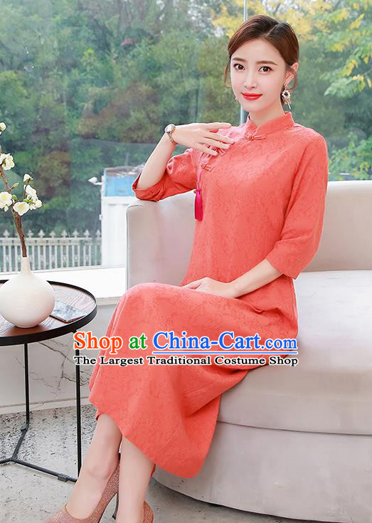 Chinese Traditional Compere Orange Cotton Cheongsam Costume China National Qipao Dress for Women