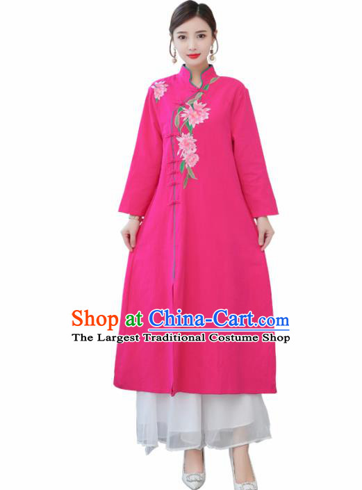Chinese Traditional Embroidered Rosy Cotton Slubbed Cheongsam Costume China National Qipao Dress for Women