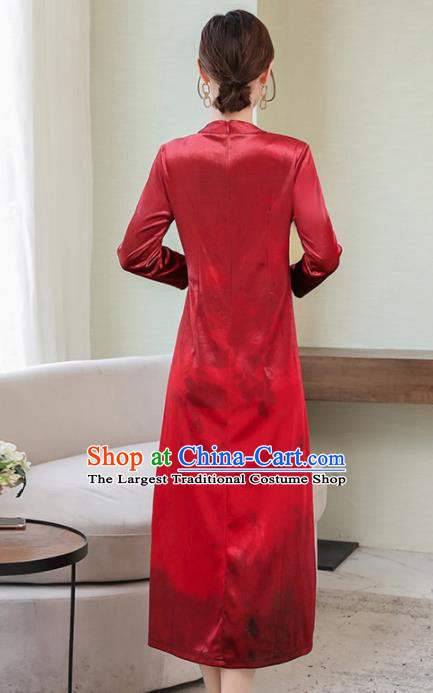 Chinese Traditional Printing Red Mother Cheongsam Costume China National Qipao Dress for Women
