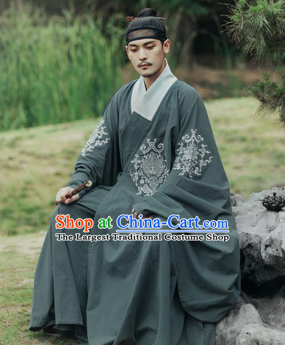 Chinese Ancient Taoist Priest Atrovirens Embroidered Robe Traditional Ming Dynasty Scholar Costumes for Men