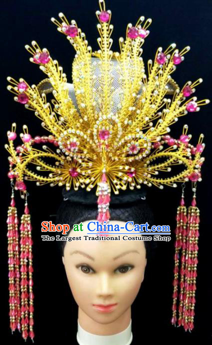 Chinese Traditional Peking Opera Queen Rosy Crystal Phoenix Coronet Hairpins Handmade Beijing Opera Diva Hair Accessories for Women