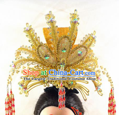 Chinese Traditional Peking Opera Princess Golden Phoenix Crown Handmade Ancient Court Lady Hair Accessories for Women