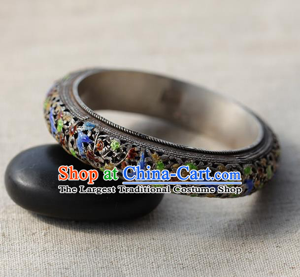 Chinese Traditional Miao Nationality Silver Carving Cloisonne Bracelet Handmade Ethnic Accessories for Women