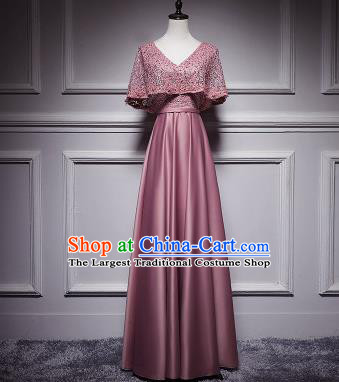 Top Grade Compere Pink Lace Satin Full Dress Annual Gala Stage Show Chorus Costume for Women