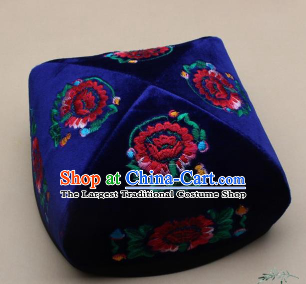 Chinese Traditional Uyghur Nationality Embroidered Royalblue Velvet Hat Ethnic Xinjiang Folk Dance Stage Show Headwear for Men