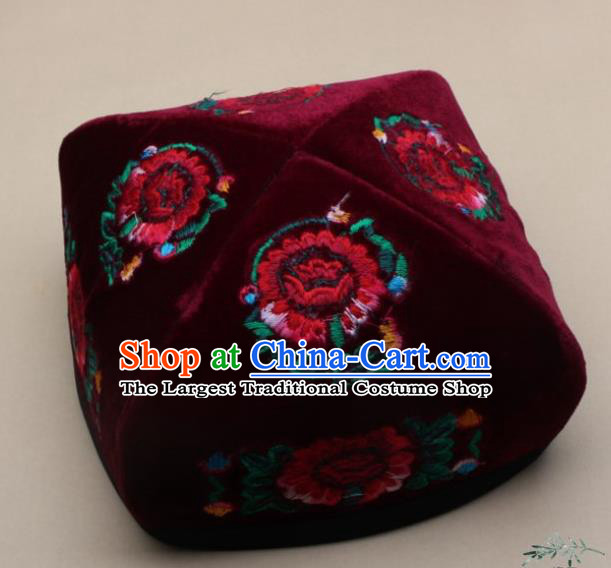 Chinese Traditional Uyghur Nationality Embroidered Wine Red Velvet Hat Ethnic Xinjiang Folk Dance Stage Show Headwear for Men