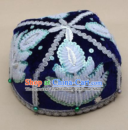 Chinese Traditional Uyghur Nationality Boys Embroidered Beads Royalblue Hat Ethnic Xinjiang Stage Show Headwear for Kids