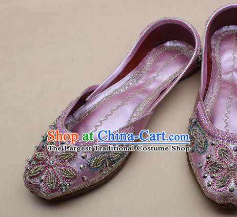 Asian India National Embroidered Pink Leather Shoes Handmade Indian Traditional Folk Dance Shoes for Women