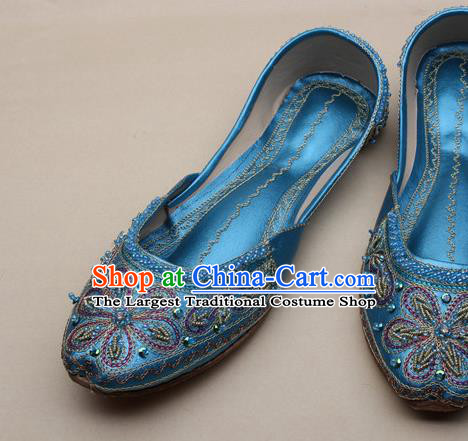 Asian India National Embroidered Blue Leather Shoes Handmade Indian Traditional Folk Dance Shoes for Women