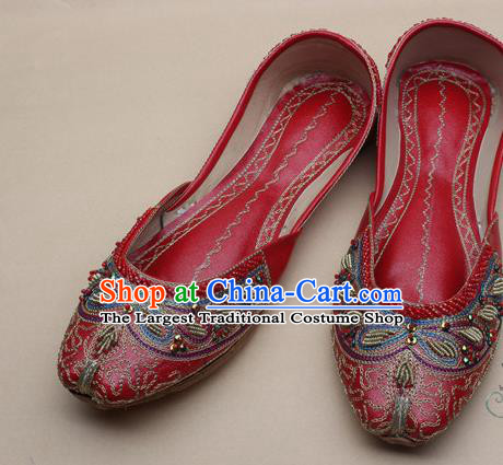 Asian Nepal National Handmade Beaded Red Leather Shoes Indian Traditional Folk Dance Shoes for Women