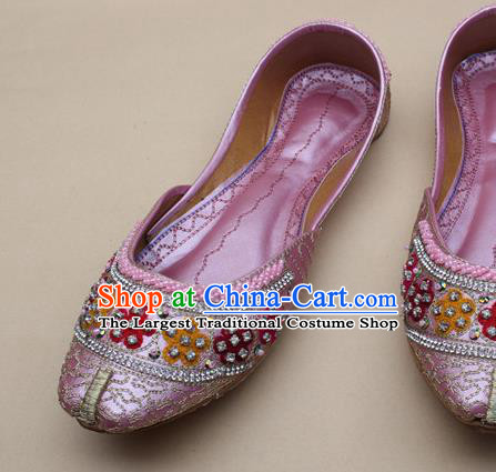 Asian Nepal National Pink Leather Shoes Handmade Indian Traditional Folk Dance Shoes for Women