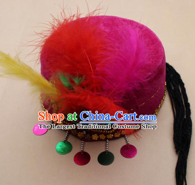 Handmade Chinese Traditional Uyghur Minority Feather Rosy Silk Hat Ethnic Nationality Folk Dance Headwear for Women