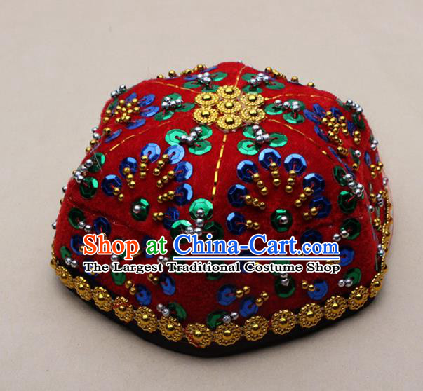 Chinese Traditional Xinjiang Ethnic Dance Paillette Red Hexagon Hat Uyghur Minority Nationality Headwear for Kids
