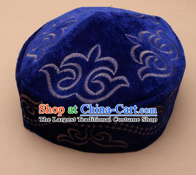 Chinese Traditional Kazak Minority Embroidered Royalblue Velvet Hat Ethnic Xinjiang Stage Show Headwear for Men