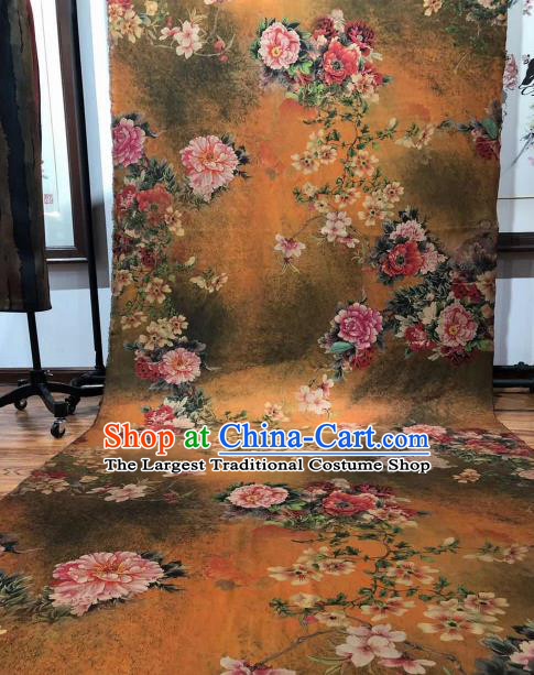 Asian Chinese Traditional Peony Pattern Design Ginger Gambiered Guangdong Gauze Fabric Silk Material