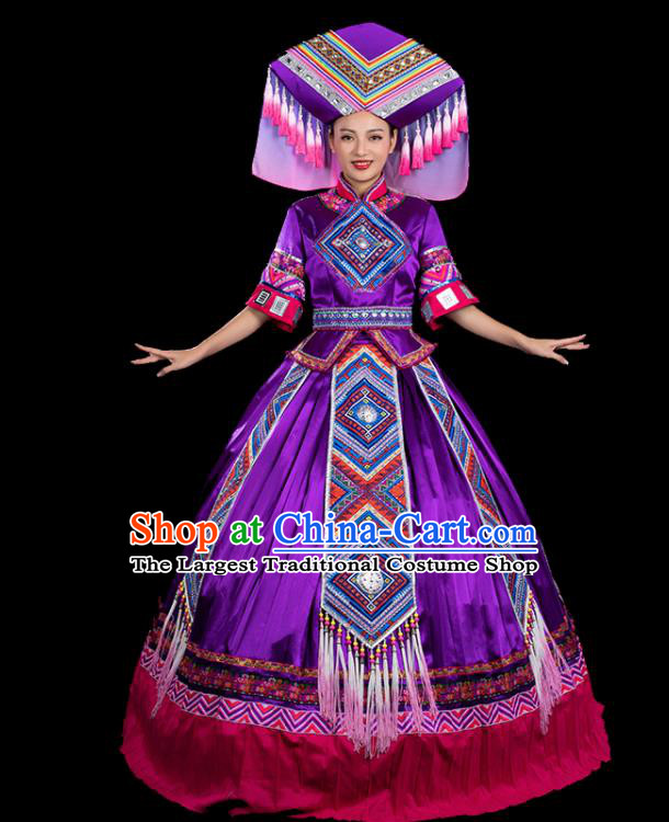 Chinese Traditional Zhuang Nationality Mid Sleeve Deep Purple Dress Ethnic Folk Dance Stage Show Liu Sanjie Costume for Women