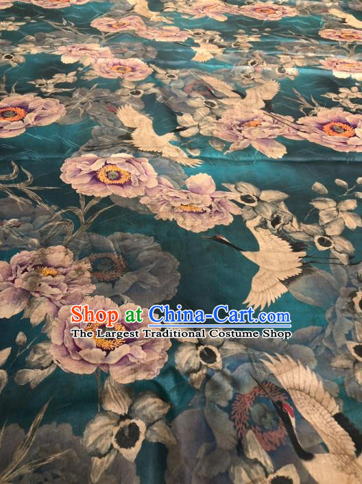 Asian Chinese Classical Crane Peony Pattern Design Peacock Green Gambiered Guangdong Gauze Fabric Traditional Silk Material