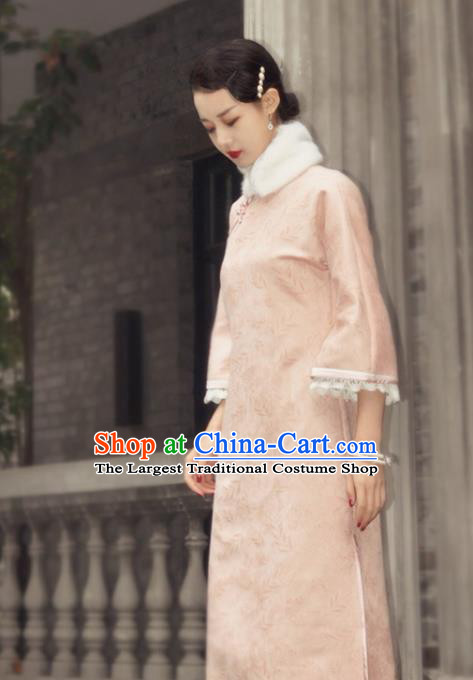 Chinese Traditional Peach Pink Cheongsam Costume Republic of China Mandarin Qipao Dress for Women