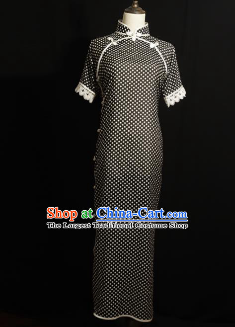 Chinese Traditional Black Cotton Cheongsam Costume Republic of China Mandarin Qipao Dress for Women