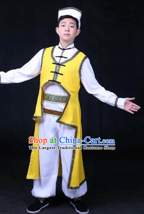Chinese Traditional Daur Nationality Festival Compere Yellow Outfits Ethnic Minority Folk Dance Stage Show Costume for Men