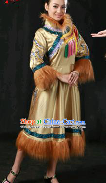 Chinese Traditional Oroqen Nationality Ginger Dress Ethnic Minority Folk Dance Stage Show Costume for Women