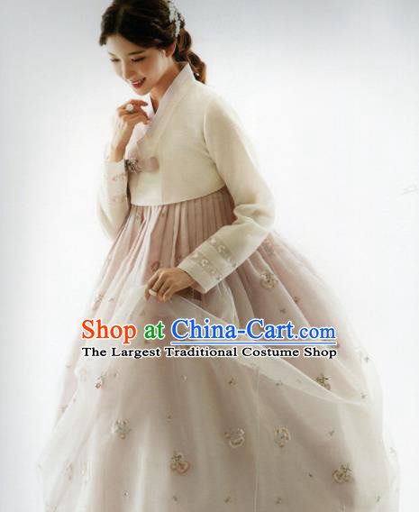 Korean Traditional Hanbok Bride White Blouse and Light Brown Dress Outfits Asian Korea Fashion Costume for Women